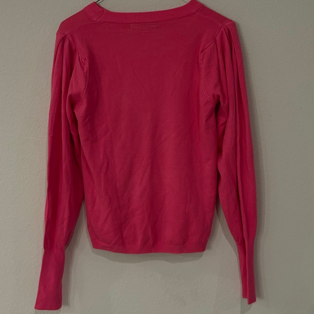 Dèluc Hot Pink Puff Sleeve Sweater Womens Medium Lightweight Knit Crew Neck Soft - Picture 6 of 11